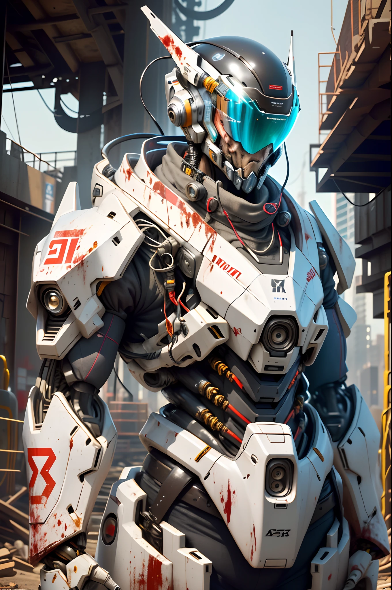 bulky exoskeleton robot , ((volumoso)) armadura, Mecha, Cyberpunk technological helmet and visor, traje vermelho e branco, linhas limpas, negative space, alto contraste, cor do gradiente,(((master part))), ((best quality)), (ultra-detalhado), (CG illustration), (um extremamente tortuoso e bonito)), Cinematic light, ((mechanic girl)), only one, (machine-made joints: 1.4), ((mechanical limbs)), ( blood vessels attached to the tube), ((Mechanical cervical vertebrae attached to the neck), (Wires and cables attached to the head and body: 1.5), Scene of the ruin of the city
