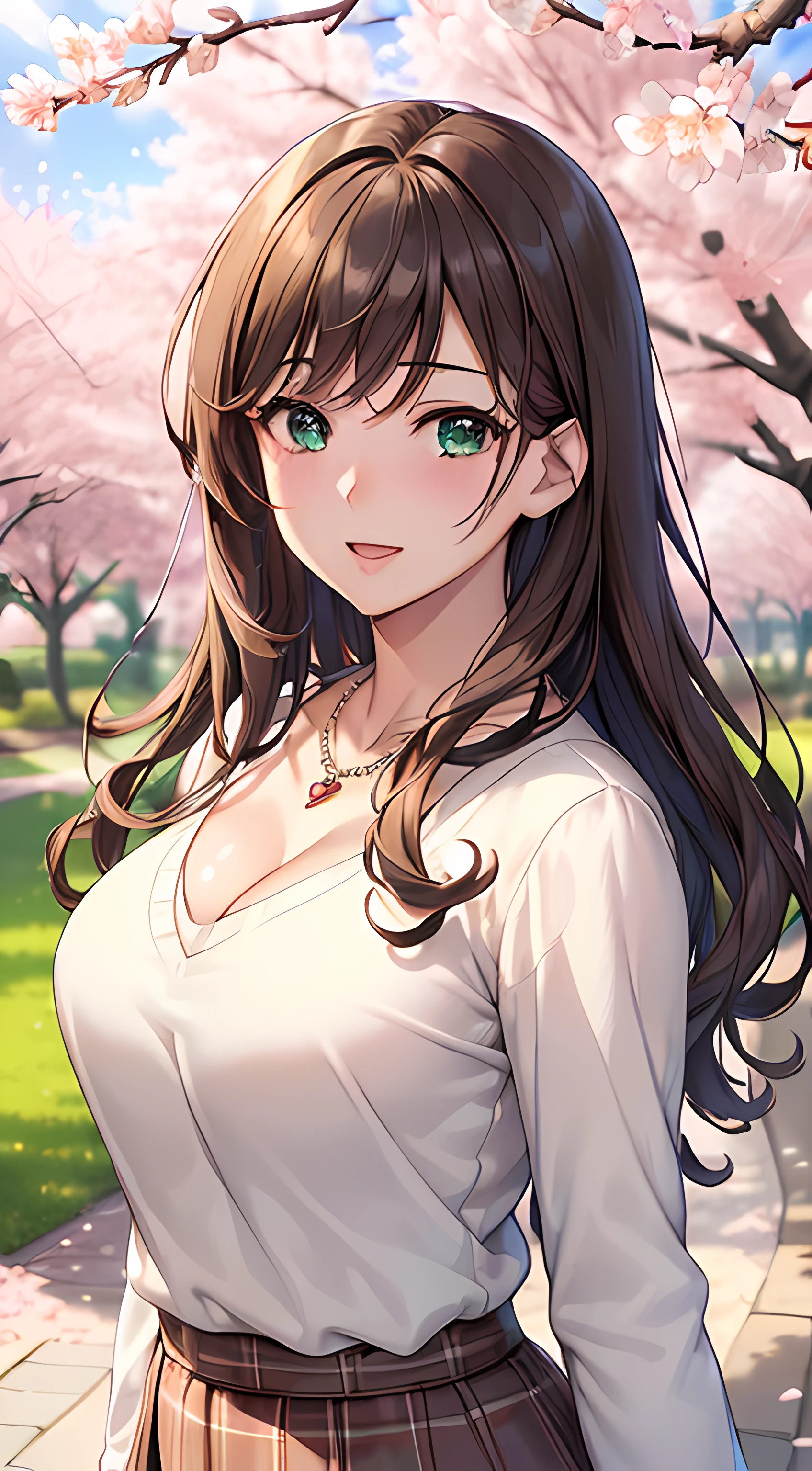 ((masterpiece, best quality, highres, UHD, perfect pixel, depth of field, 4k, RTX, HDR))), 1girl, single, solo, beautiful anime girl, beautiful artstyle, anime character, ((long hair, bangs, brown hair, curly hair:0.8, hair pin)), ((green eyes:1.4, rounded eyes, beautiful eyelashes, realistic eyes)), ((detailed face, blushing:1.2)), ((smooth texture:0.75, realistic texture:0.65, photorealistic:1.1, anime CG style)), ((medium breasts, cleavage, busty)), dynamic angle, perfect body, ((POV, dynamic pose, portrait)), ((white sweater, long sleeve, black skirt, plaid skirt, fashionable, 1handbag, 1diamond necklace)), smile, open mouth, amusement park, ((cherry blossom tree, cherry blossoms fall))