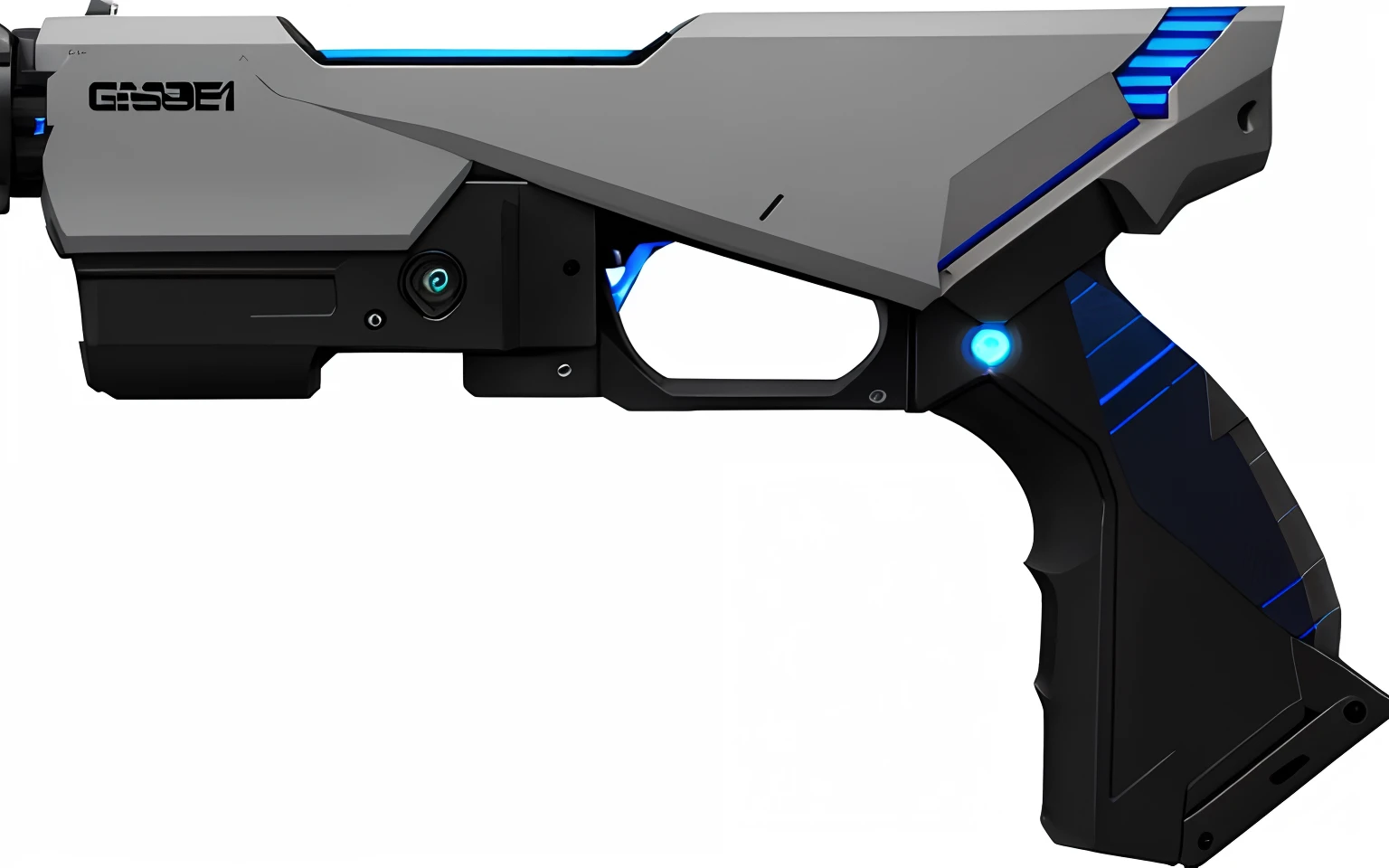 Close-up of a gun with blue stripes, gauss rifle, laser rifles, concept image, futuristic weapon shotgun, futuristic assault rifle, laser rifles, futuristic gun, pulse rifle, sci - fi weapon, reaver drone, futuristic pistol, laser wip, concept piece, top - side view, futuristic weapon, laser rifles, concept-art, concept-art