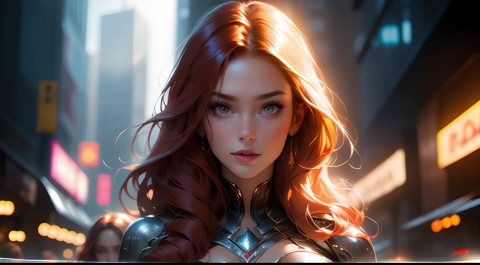 (2 girls, brunette, red hair, standing next to each other) Photo of 25 year old European girl, RAW, beautiful woman, (brown hair with extra long wavy), ((portrait)), (Detailed face: 1.2)), (Detailed facial features)), (Fine skin), pale skin, high detail and deep cleavage body conhasmat suit, slim body, megacity environment, (cold color), wet, moist, reflection, (masterpiece) ( Perfect proportions) (realistic photos) (highest quality) (detail) shot with Canon EOS R5, 50mm lens, f/2.8, HDR, (8k) (wallpaper) (movie lighting) (dramatic lighting) (sharp focus) (complex) fashion, (2girls) shes with her friend a 25 year old European girl, RAW, beautiful woman, (blond hair with extra long wavy), ((portrait)), (Detailed face: 1.2)), (Detailed facial features)), (Fine skin), pale skin, high detail and deep cleavage body conhasmat suit, slim body, megacity environment, (cold color), wet, moist, reflection, (masterpiece) ( Perfect proportions) (realistic photos) (highest quality) (detail) shot with Canon EOS R5, 50mm lens, f/2.8, HDR, (8k) (wallpaper) (movie lighting) (dramatic lighting) (sharp focus) (complex) fashion