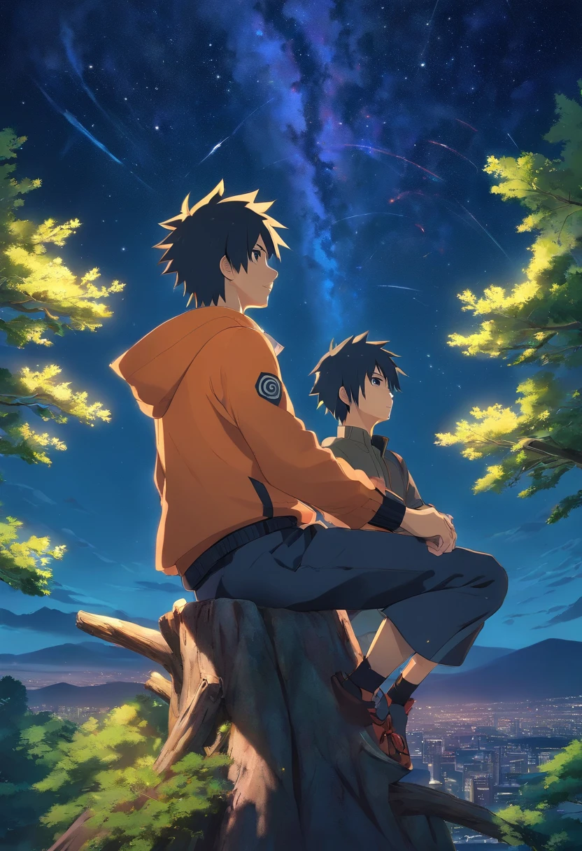 Naruto, Masculino, anime, roupas laranjas, on top of a tree, looking at the starry sky of Konoha,
