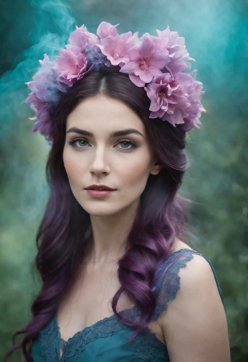 beautiful woman in purple smoke with flowers in her hair, in the style of dark turquoise and light pink, national geographic photo, odd juxtapositions, flickr, matte photo, (close-up)