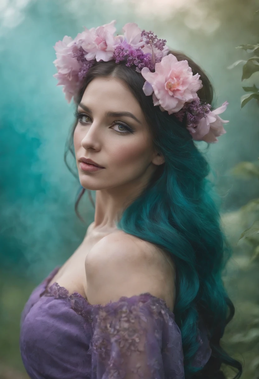 beautiful woman in purple smoke with flowers in her hair, in the style of dark turquoise and light pink, national geographic photo, odd juxtapositions, flickr, matte photo, (close-up)