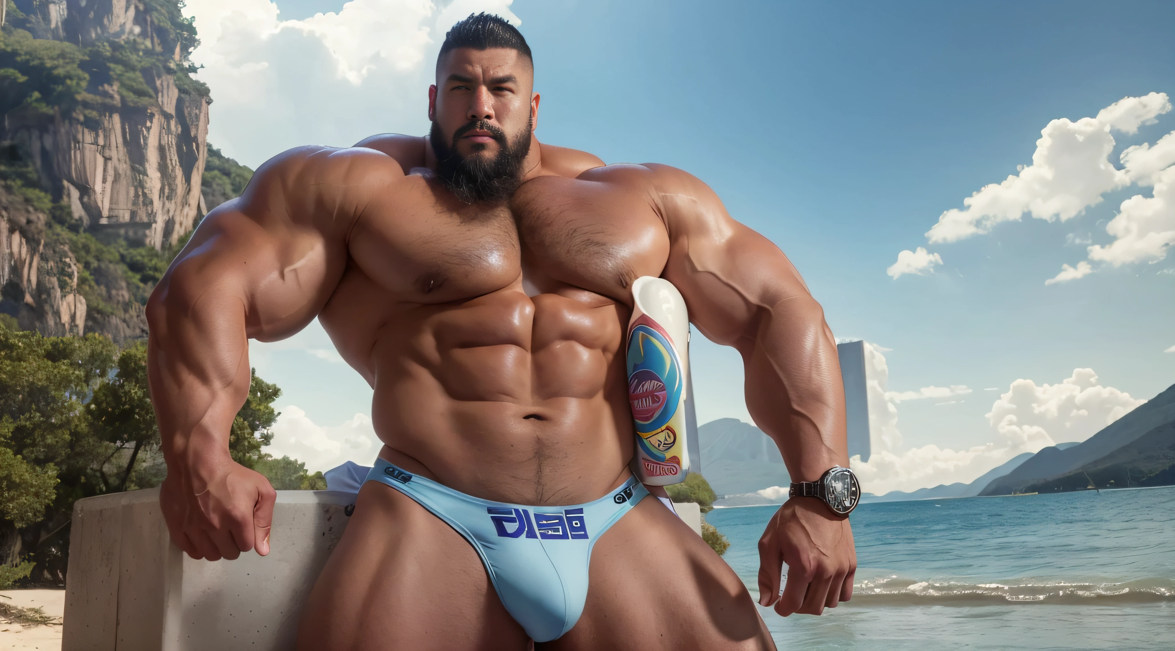 A Chinese bodybuilder,Wear white thongs,the super hot and sexy,lightblue hair, short detailed hair, On the shores of Lake Berga,Sunset lights, Short beard perfect figure with tattoos, Very huge and strong body, Bulging muscles, musculous, Very large pectoral muscles,Very sexy abs,The legs are muscular,Tall and mighty,Exposed Body,Tall and burly,toned figure,Huge raised genital area,Brightens oily skin,Muscular。