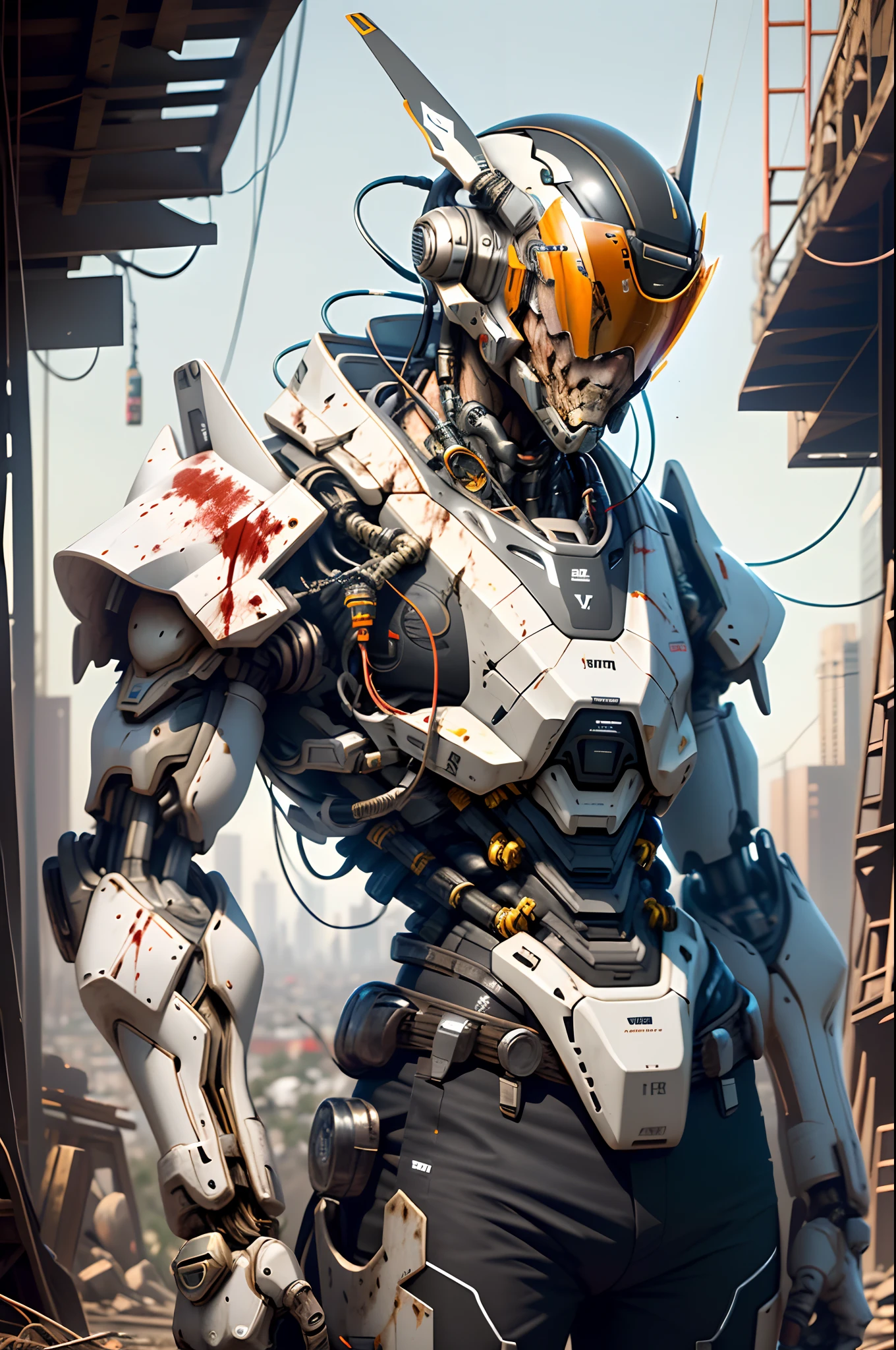 bulky exoskeleton robot , ((volumoso)) armadura, Mecha, Cyberpunk technological helmet and visor, traje vermelho e branco, linhas limpas, negative space, alto contraste, cor do gradiente,(((master part))), ((best quality)), (ultra-detalhado), (CG illustration), (um extremamente tortuoso e bonito)), Cinematic light, ((mechanic girl)), only one, (machine-made joints: 1.4), ((mechanical limbs)), ( blood vessels attached to the tube), ((Mechanical cervical vertebrae attached to the neck), (Wires and cables attached to the head and body: 1.5), Scene of the ruin of the city
