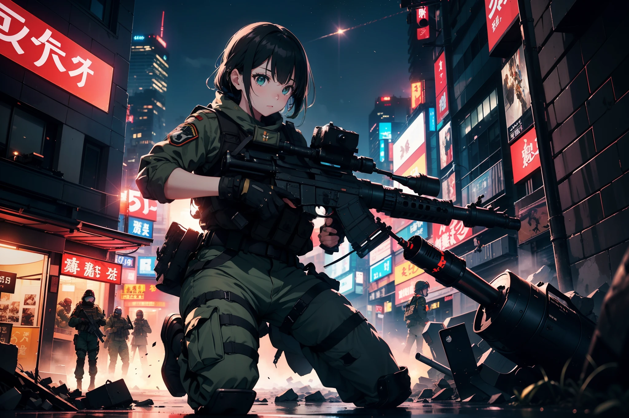 (One girl soldier sniping a giant military robot with a Lahti L-39 anti-tank gun)、long eyelasher,Blushlush,((masterpiece、top-quality、extremely details CG、16K、Cinematographic lighting、lensflare))、Black combat uniform、Wide View、thick body、 Photorealsitic:1.4、long Brond Hair、green colored eyes、Have multiple weapons、Precision 1.Aim 4、Lahti L-39 anti-tank gun、direct light、Shot on rubble with a depth of field of 35mm、f/1.Night footage with 8 lens flares、((Shinjuku at night with five special forces SWAT fighting))、(Sniping with an anti-tank rifle)、from side、hdr、hyper detailed、The wreckage of a giant robot、(wide angle lens)、What I see