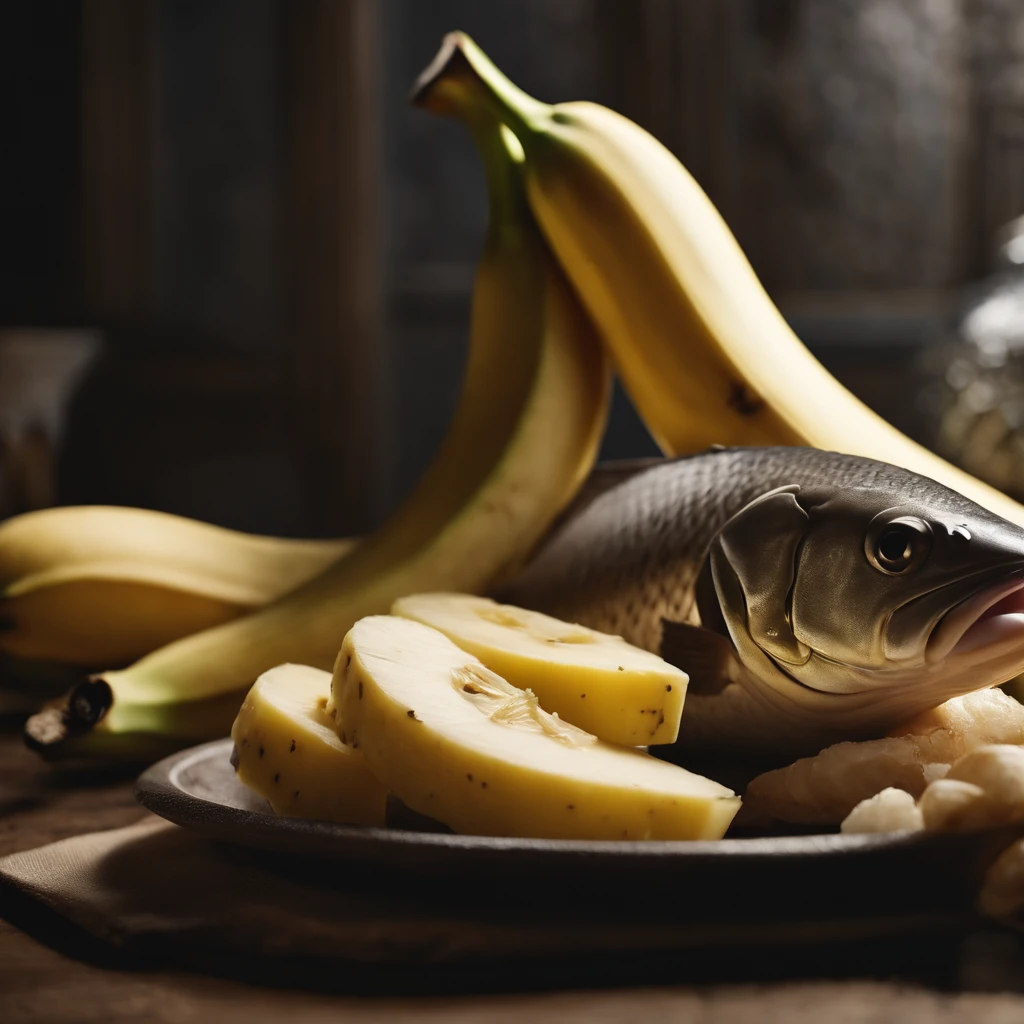 delicacies,Chop bananas,fish's heads,High detail, Ultra detail, complexdetails, finedetail, hyper-detailing, Cinematic, Surreal Surrealist soft light, Studio lighting, diffused soft lighting, Shallow depth of field, Sharp focus bokeh, Ray tracing, Subsurface scattering, Diffuse reflection soft lighting Ultra detail, (Complexity, detail, hyper-detailing), Cinematic, Hyperrealistic