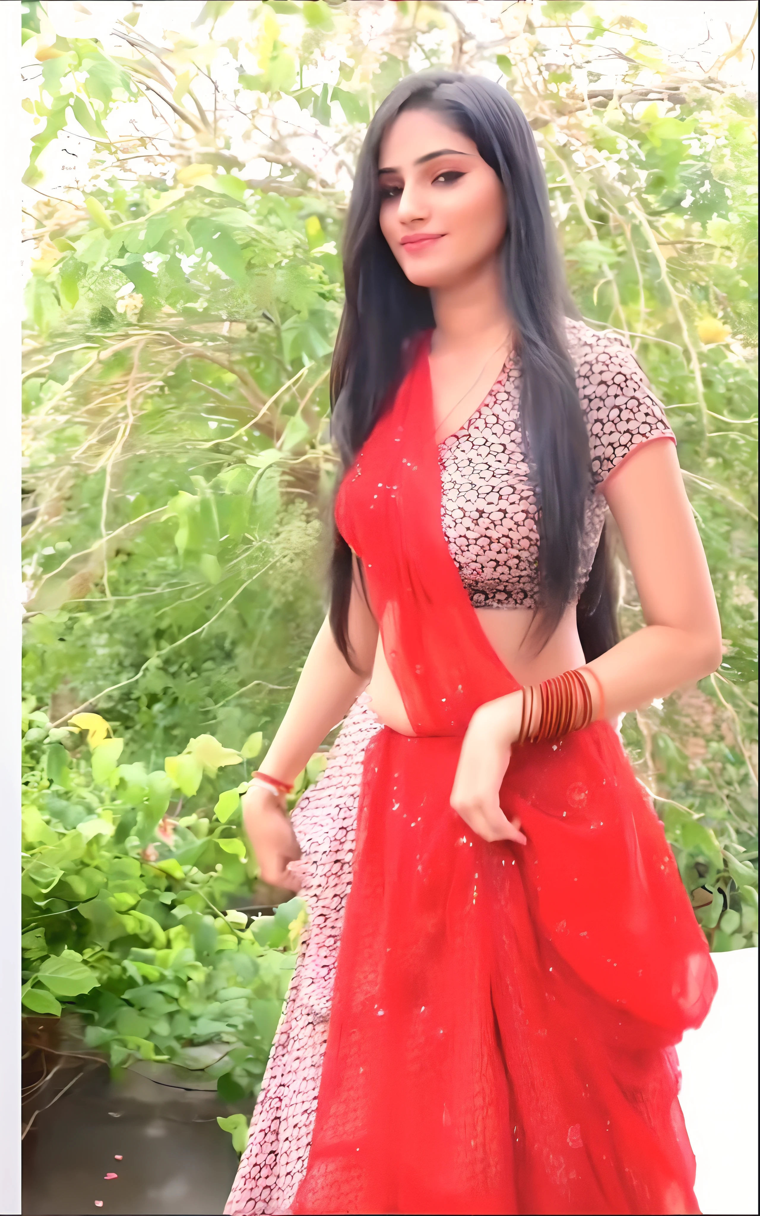 a close up of a woman in a red sari, traditional beauty, very beautiful enga style, with lovely look, long hair and red shirt, indian style, very attractive and beautiful, very beautiful girl, indian goddess, beautiful pose, indian, candid picture, side pose, indian super model, with a red skirt, very beautiful photo, cute beautiful