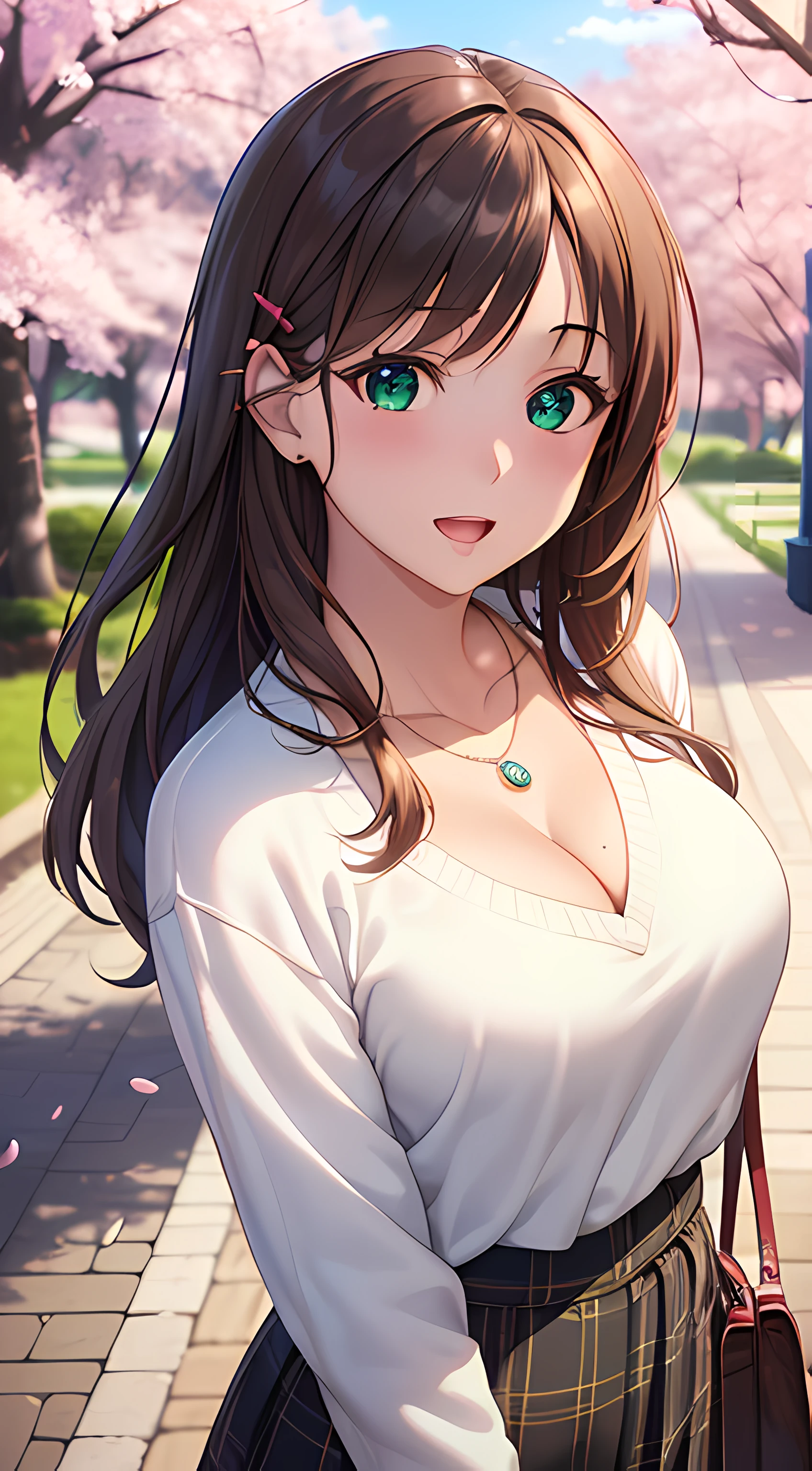 ((masterpiece, best quality, highres, UHD, perfect pixel, depth of field, 4k, RTX, HDR))), 1girl, single, solo, beautiful anime girl, beautiful artstyle, anime character, ((long hair, bangs, brown hair)), ((green eyes:1.4, rounded eyes, beautiful eyelashes, realistic eyes)), ((detailed face, blushing:1.2)), ((smooth texture:0.75, realistic texture:0.65, photorealistic:1.1, anime CG style)), ((medium breasts, cleavage:0.9, busty)), dynamic angle, perfect body, ((POV, dynamic pose, portrait)), ((white sweater, long sleeve, black skirt, plaid skirt, fashionable, single handbag, 1diamond necklace)), smile, open mouth, amusement park, ((cherry blossom tree, cherry blossoms fall))