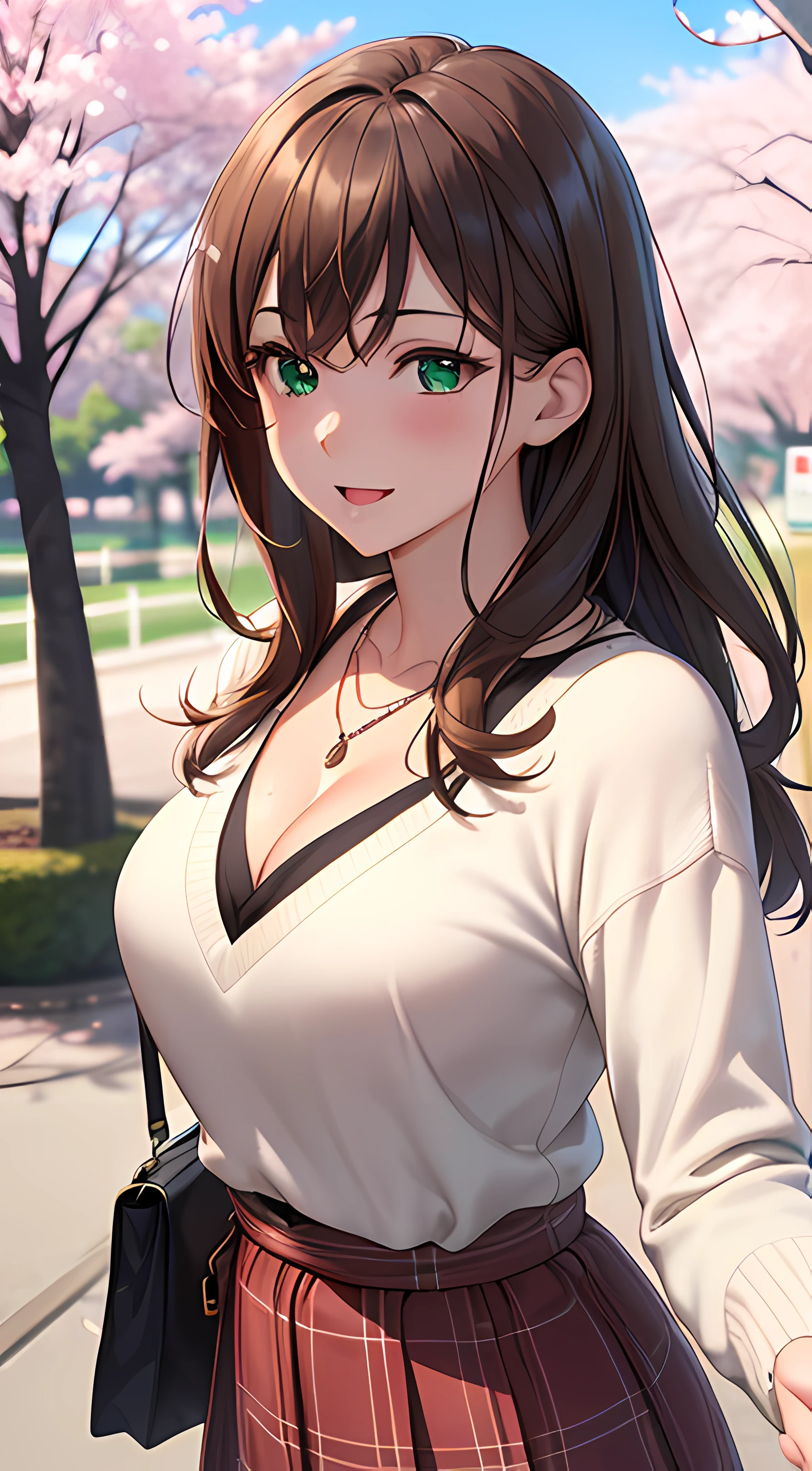 ((masterpiece, best quality, highres, UHD, perfect pixel, depth of field, 4k, RTX, HDR))), 1girl, single, solo, beautiful anime girl, beautiful artstyle, anime character, ((long hair, bangs, brown hair)), ((green eyes:1.4, rounded eyes, beautiful eyelashes, realistic eyes)), ((detailed face, blushing:1.2)), ((smooth texture:0.75, realistic texture:0.65, photorealistic:1.1, anime CG style)), ((medium breasts, cleavage, busty)), dynamic angle, perfect body, ((POV, dynamic pose, portrait)), ((white sweater, long sleeve, black skirt, plaid skirt, fashionable, 1handbag, 1diamond necklace)), smile, open mouth, amusement park, ((cherry blossom tree, cherry blossoms fall))