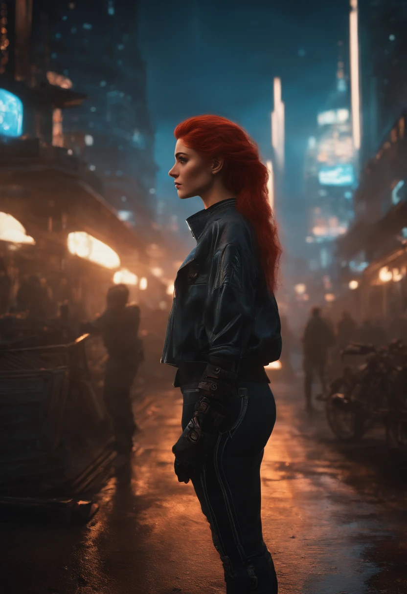 garota, Cabelos Longos, red hair, Ela olha para o horizonte, The sunset in the background, His eyes are blue and glow, Estilo cyberpunk, anime, altamente detalhado, design de personagens, trending on ArtStation, hiper-realismo, alta qualidade, Ultra Detalhado, Pintura digital, arte conceitual, art-station, 8k, Cyberpunk, disco Rigido