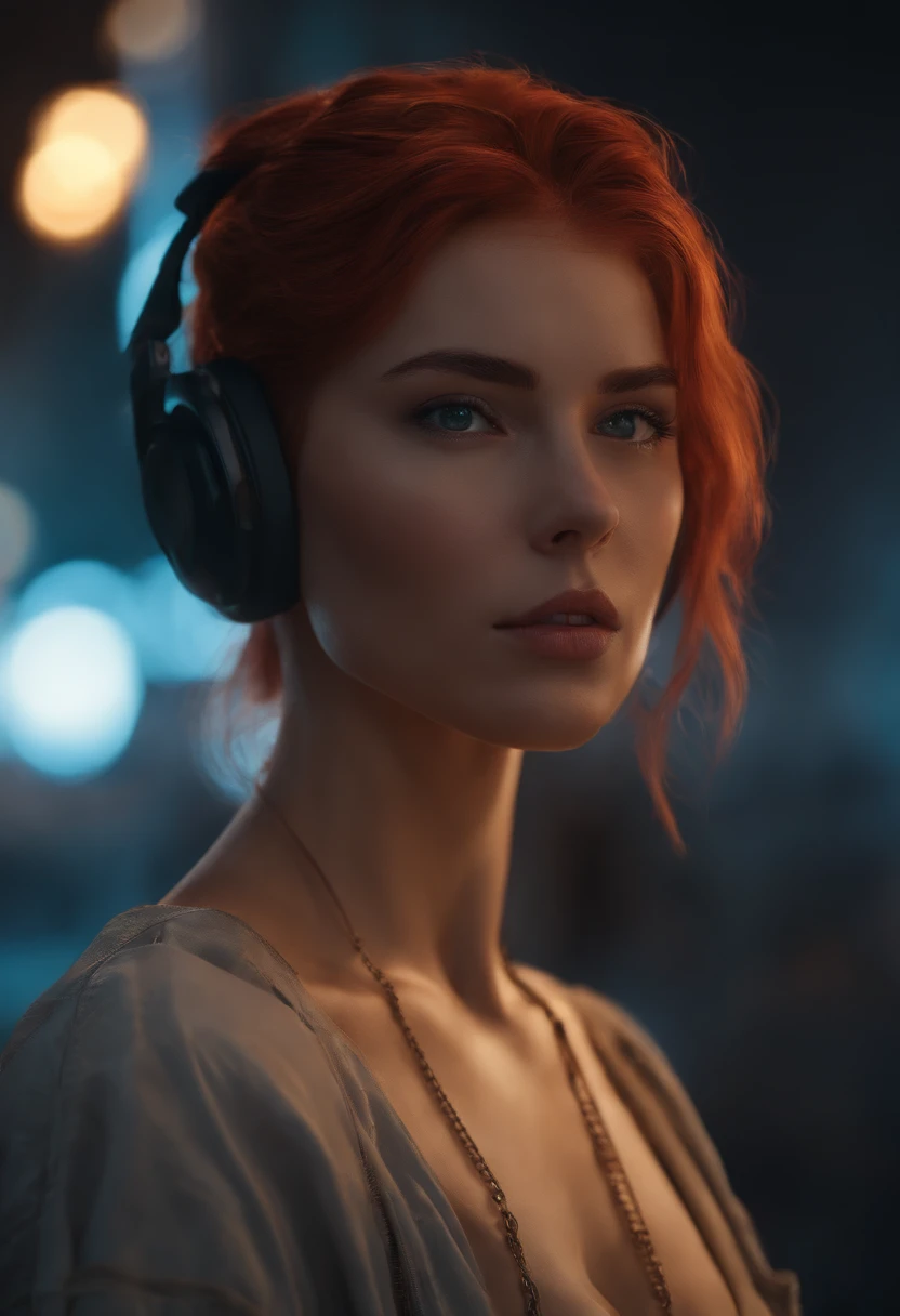 garota, Cabelos Longos, red hair, Ela olha para o horizonte, The sunset in the background, His eyes are blue and glow, Estilo cyberpunk, anime, altamente detalhado, design de personagens, trending on ArtStation, hiper-realismo, alta qualidade, Ultra Detalhado, Pintura digital, arte conceitual, art-station, 8k, Cyberpunk, disco Rigido