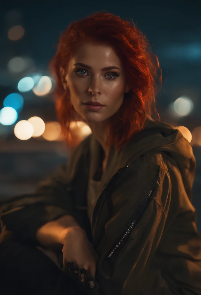 garota, Cabelos Longos, red hair, Ela olha para o horizonte, The sunset in the background, His eyes are blue and glow, Estilo cyberpunk, anime, altamente detalhado, design de personagens, trending on ArtStation, hiper-realismo, alta qualidade, Ultra Detalhado, Pintura digital, arte conceitual, art-station, 8k, Cyberpunk, disco Rigido