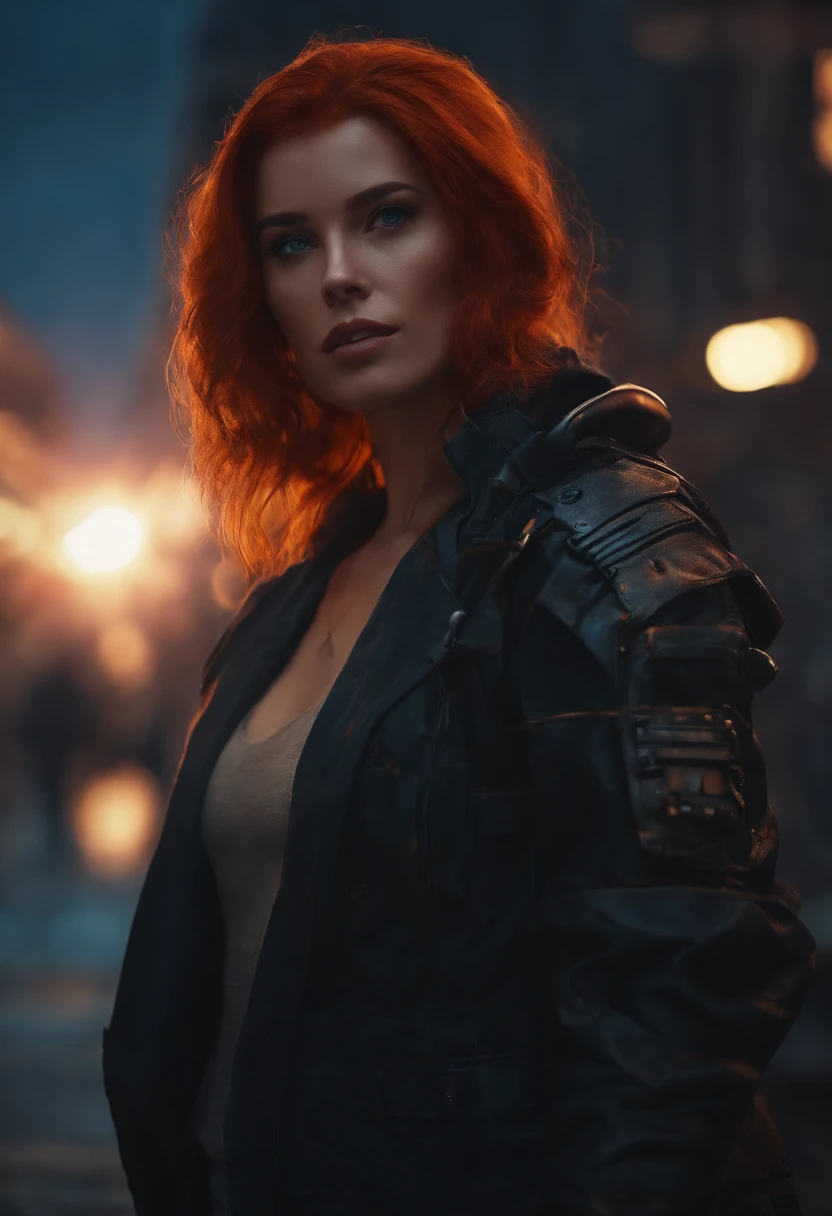 garota, Cabelos Longos, red hair, Ela olha para o horizonte, The sunset in the background, His eyes are blue and glow, Estilo cyberpunk, anime, altamente detalhado, design de personagens, trending on ArtStation, hiper-realismo, alta qualidade, Ultra Detalhado, Pintura digital, arte conceitual, art-station, 8k, Cyberpunk, disco Rigido
