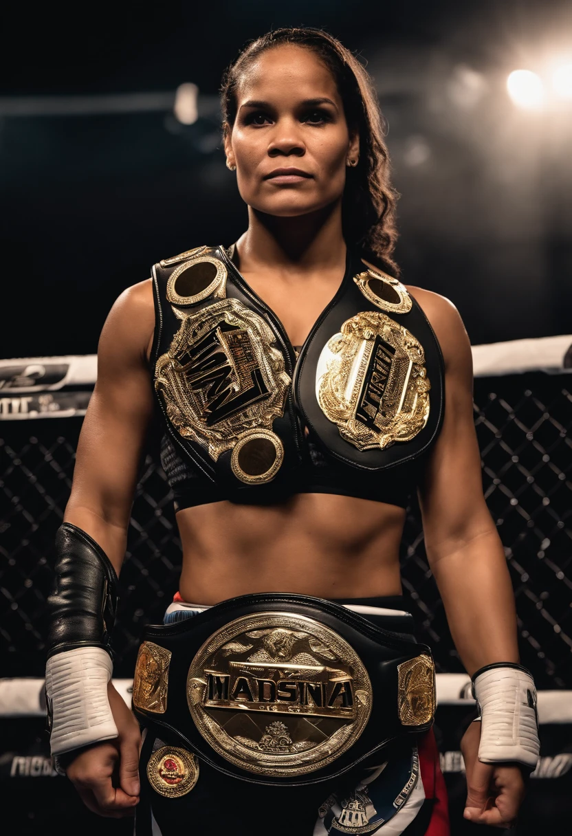 Visualize Amanda Nunes holding championship belts in two weight classes simultaneously, showcasing her dominance.