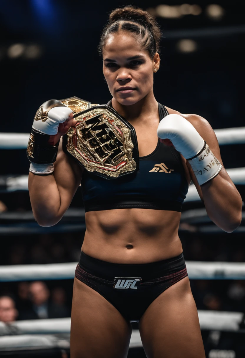 Visualize Amanda Nunes holding championship belts in two weight classes simultaneously, showcasing her dominance.