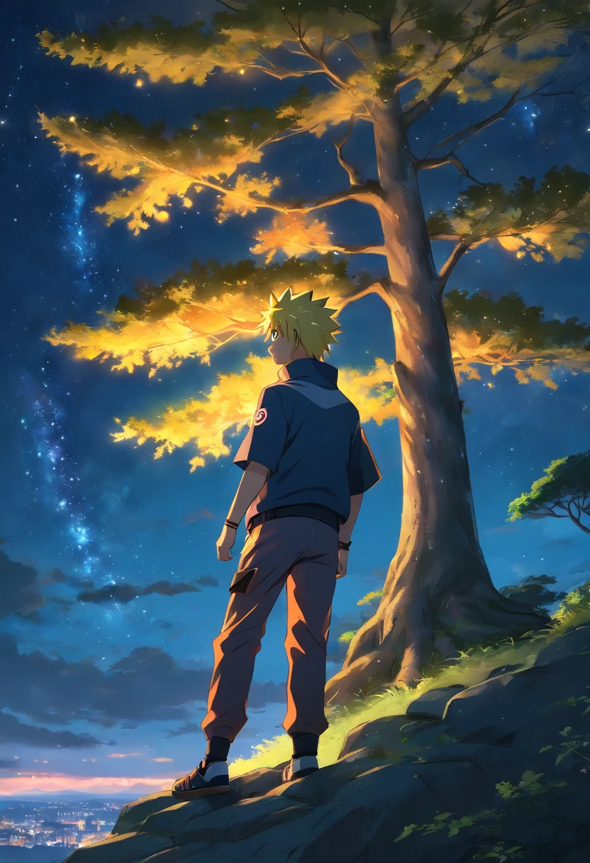 Naruto, masculino, anime, roupas laranjas, cabelos loiros, faixa de konoha, on top of a tree, looking at the starry sky of Konoha,