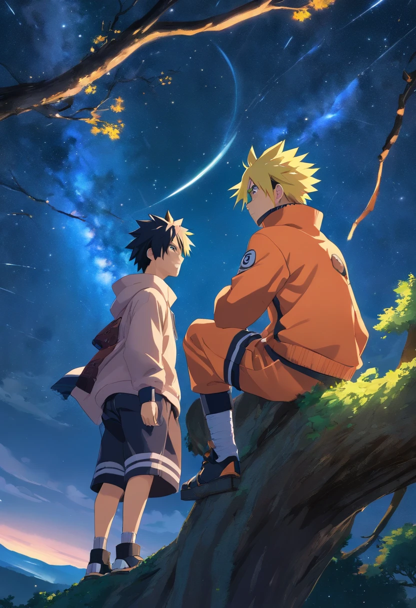 Naruto, masculino, anime, roupas laranjas, cabelos loiros, faixa de konoha, on top of a tree, looking at the starry sky of Konoha,