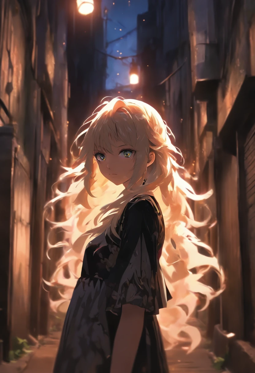 Young girl ((ultra realistic:1.2)), with white long hair and white eyes wearing black and white dress, walking down a dim lit alley towards the viewer, worm eye view, dslr.
