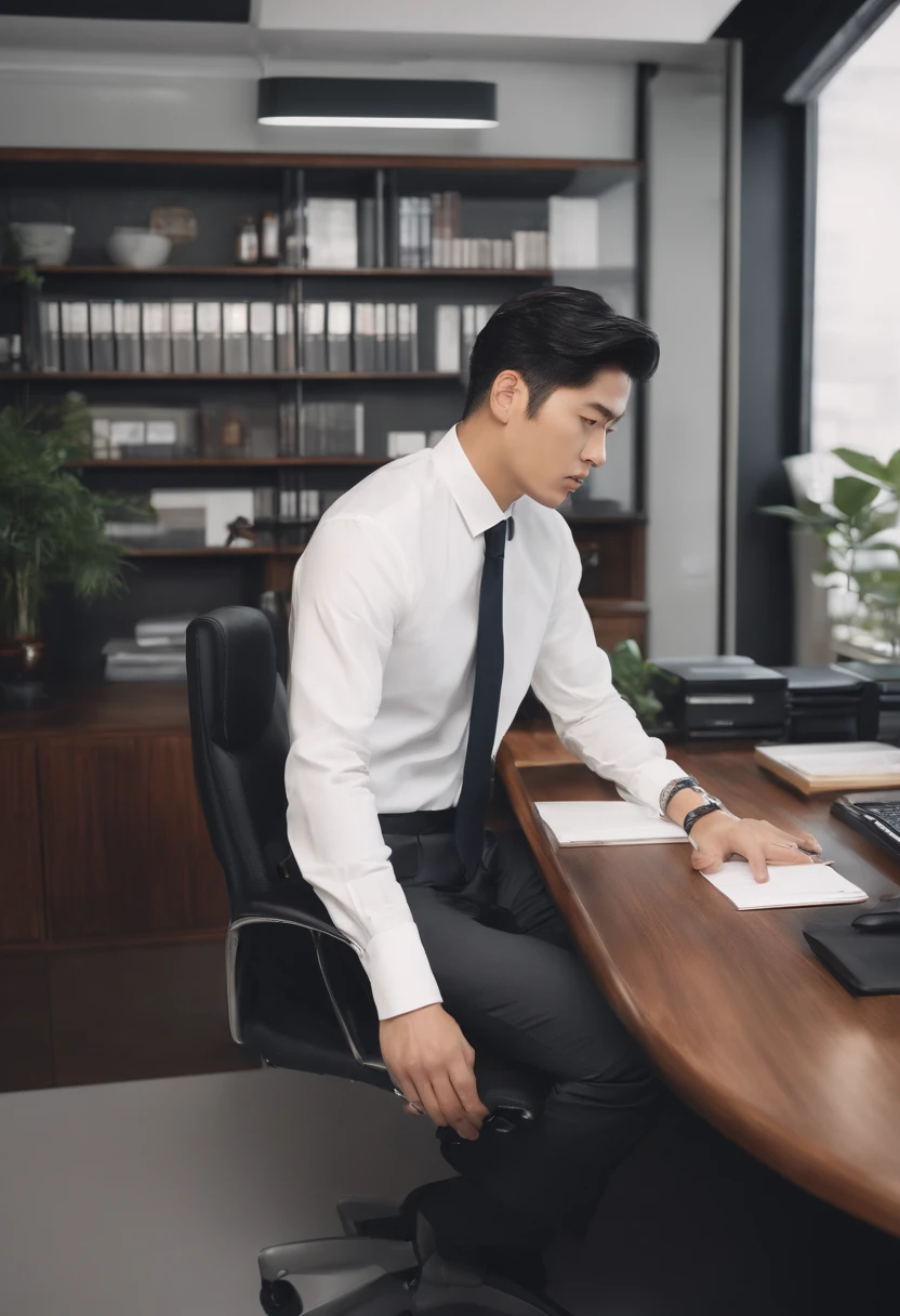 Stylish office white walls Doing a program suits A dark-haired japanes male people 1人 from side