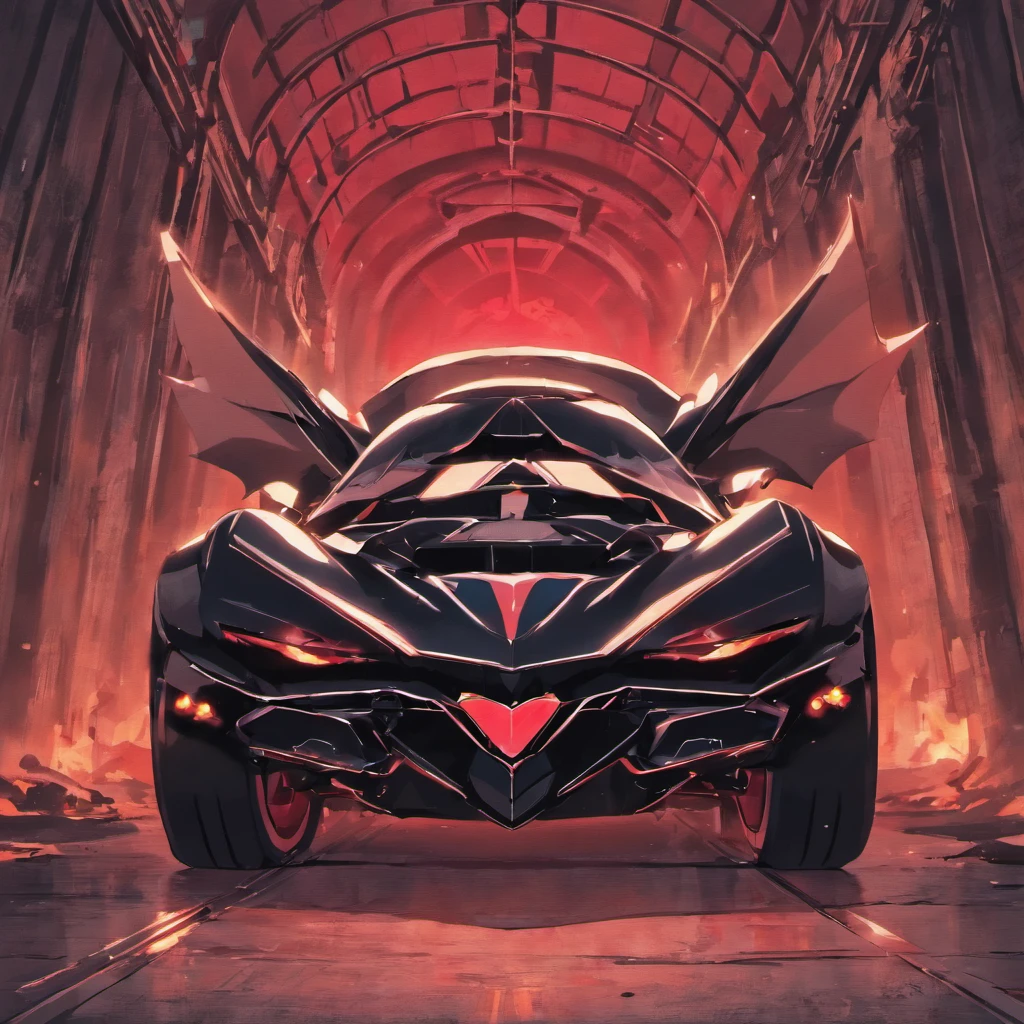 A real black Batmobile with red logo，Have on the street，the street，Overturned，Fragmentation，Background of the ruins，detailedbackground