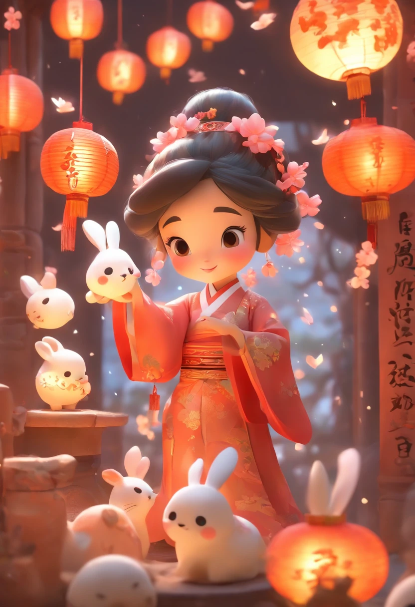 mid-autumn festival,A cute fairy dressed in ancient Chinese clothes,Playing with a rabbit next to a girl,Moon cake,Auspicious clouds,Behind the huge moon,a warm color palette,Abstract screen,ultra-realistic realism,pixar-style,3d effect,Disney style,Clear contour light,rim-light,fanciful,spotlight lights