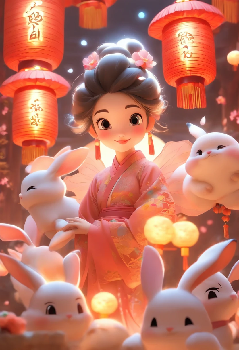 mid-autumn festival，A cute fairy dressed in ancient Chinese clothes，Playing with a rabbit next to a girl，Moon cake，Auspicious clouds，Behind the huge moon，a warm color palette，Abstract screen，ultra-realistic realism，pixar-style，3d effect，Disney  style，Clear contour light，rim-light，fanciful，spotlight lights