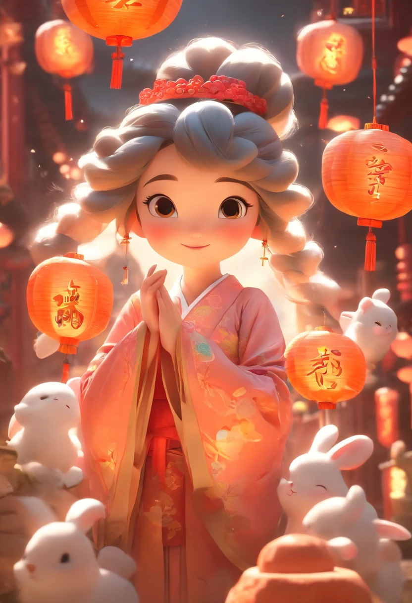 mid-autumn festival，A cute fairy dressed in ancient Chinese clothes，Playing with a rabbit next to a girl，Moon cake，Auspicious clouds，Behind the huge moon，a warm color palette，Abstract screen，ultra-realistic realism，pixar-style，3d effect，Disney  style，Clear contour light，rim-light，fanciful，spotlight lights