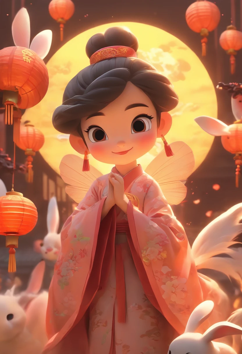 mid-autumn festival,A cute fairy dressed in ancient Chinese clothes,Playing with a rabbit next to a girl,Moon cake,Auspicious clouds,Behind the huge moon,a warm color palette,Abstract screen,ultra-realistic realism,pixar-style,3d effect,Disney style,Clear contour light,rim-light,fanciful,spotlight lights