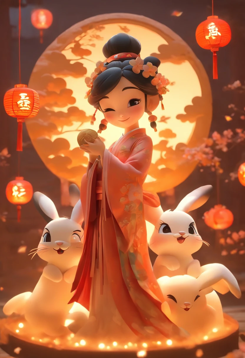 mid-autumn festival，A cute fairy dressed in ancient Chinese clothes，Playing with a rabbit next to a girl，Moon cake，Auspicious clouds，Behind the huge moon，a warm color palette，Abstract screen，ultra-realistic realism，pixar-style，3d effect，Disney  style，Clear contour light，rim-light，fanciful，spotlight lights