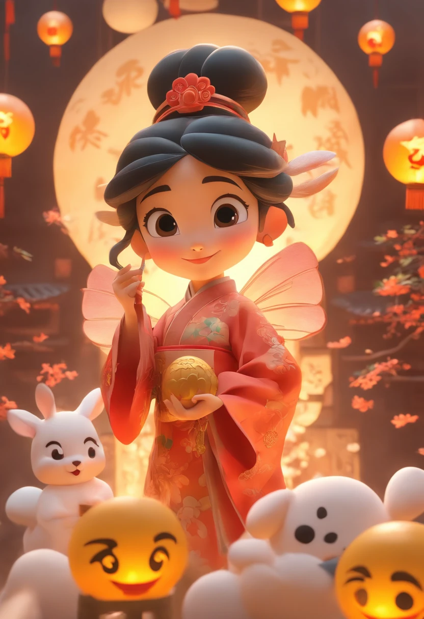 mid-autumn festival,A cute fairy dressed in ancient Chinese clothes,Playing with a rabbit next to a girl,Moon cake,Auspicious clouds,Behind the huge moon,a warm color palette,Abstract screen,ultra-realistic realism,pixar-style,3d effect,Disney style,Clear contour light,rim-light,fanciful,spotlight lights