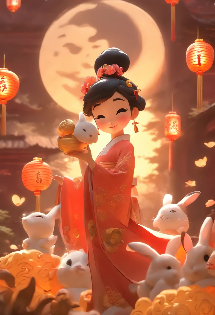 mid-autumn festival，A cute fairy dressed in ancient Chinese clothes，Playing with a rabbit next to a girl，Moon cake，Auspicious clouds，Behind the huge moon，a warm color palette，Abstract screen，ultra-realistic realism，pixar-style，3d effect，Disney  style，Clear contour light，rim-light，fanciful，spotlight lights