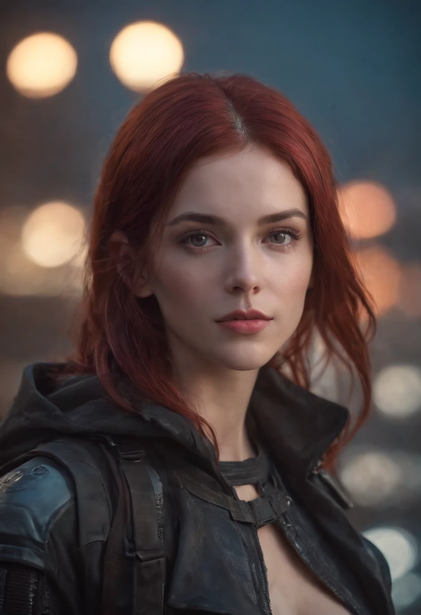 garota, Cabelos Longos, red hair, Ela olha para o horizonte, The sunset in the background, His eyes are blue and glow, Estilo cyberpunk, anime, altamente detalhado, design de personagens, trending on ArtStation, hiper-realismo, alta qualidade, Ultra Detalhado, Pintura digital, arte conceitual, art-station, 8k, Cyberpunk