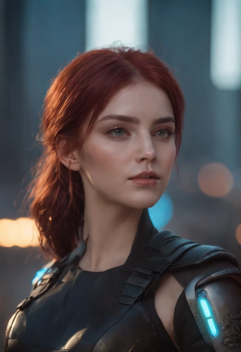 garota, Cabelos Longos, red hair, Ela olha para o horizonte, The sunset in the background, His eyes are blue and glow, Estilo cyberpunk, anime, altamente detalhado, design de personagens, trending on ArtStation, hiper-realismo, alta qualidade, Ultra Detalhado, Pintura digital, arte conceitual, art-station, 8k, Cyberpunk