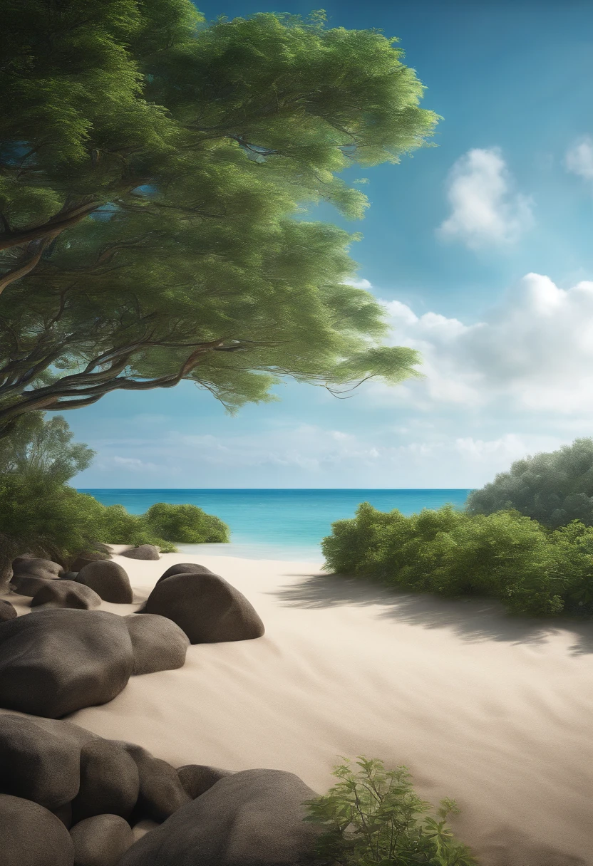 (best quality,ultra-detailed,realistic:1.37),landscape,beach,extremely detailed and realistic vegetation,blue sky,few clouds,idyllic place.