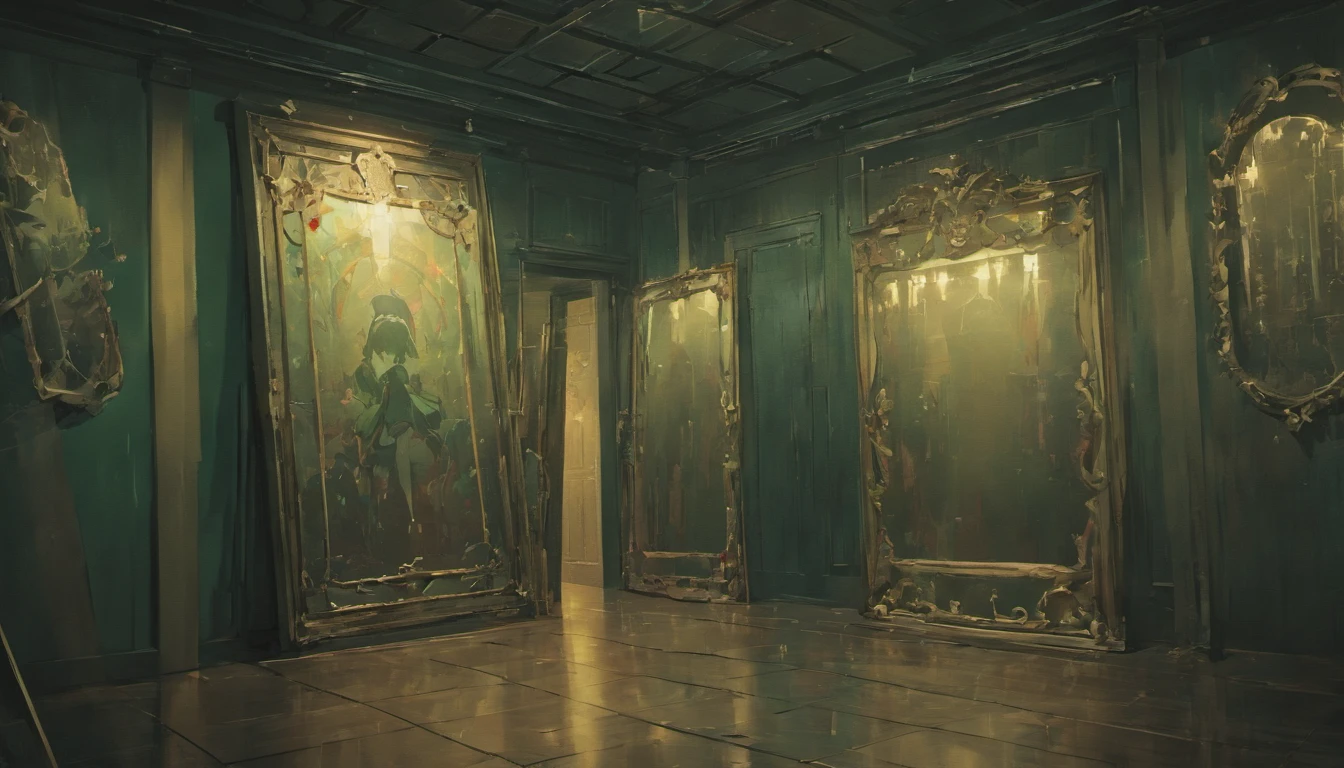 Closed room,Dimly lit,empty of people,Huge creepy mirror,hanging rope,Huge creepy mirror