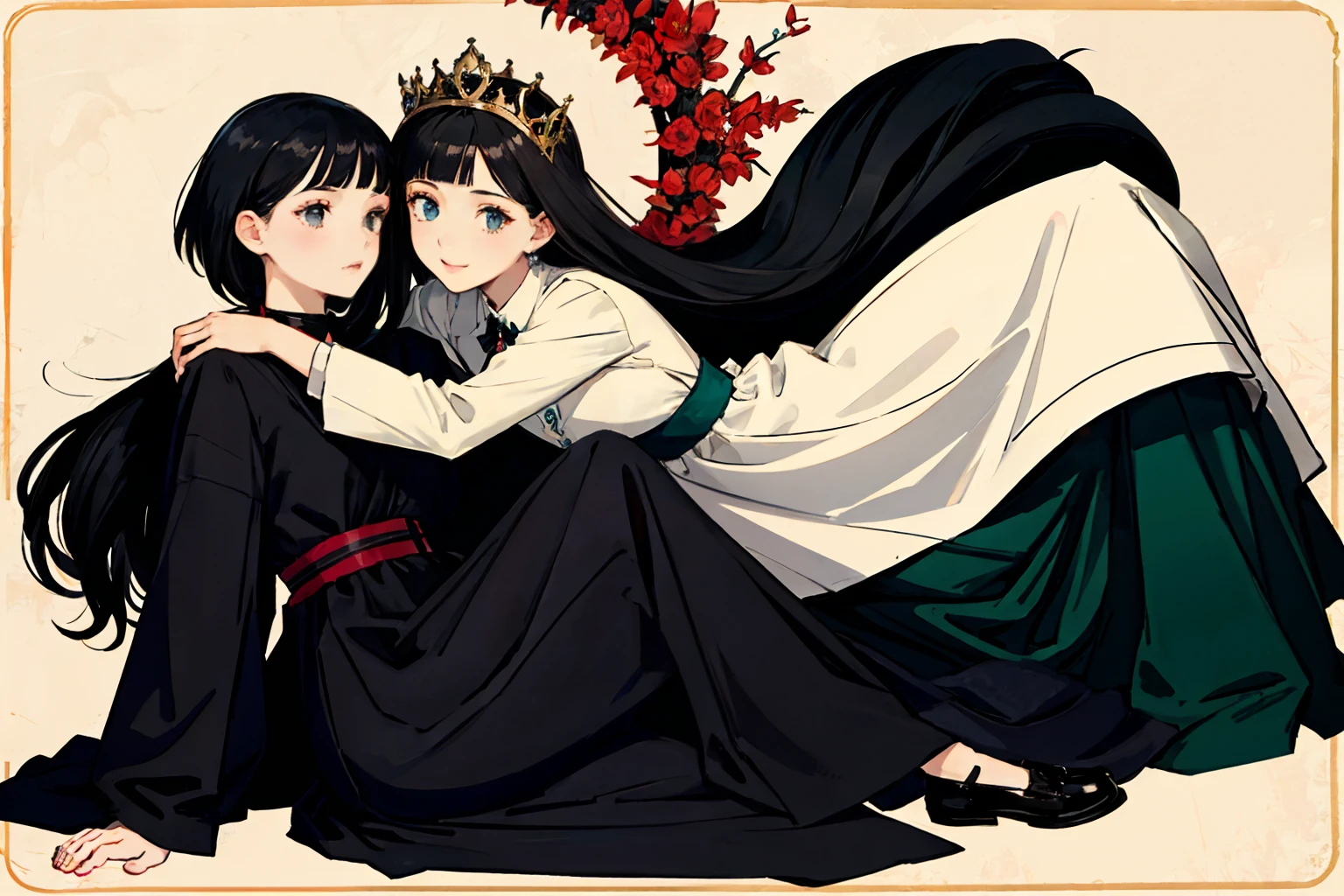 Two beautiful girls，A black long straight，A short black haircut，Two girls glued together in a lesbian pose，Long-haired girls wear crowns for short-haired girls，Birthday party theme background，Perspective exaggeration