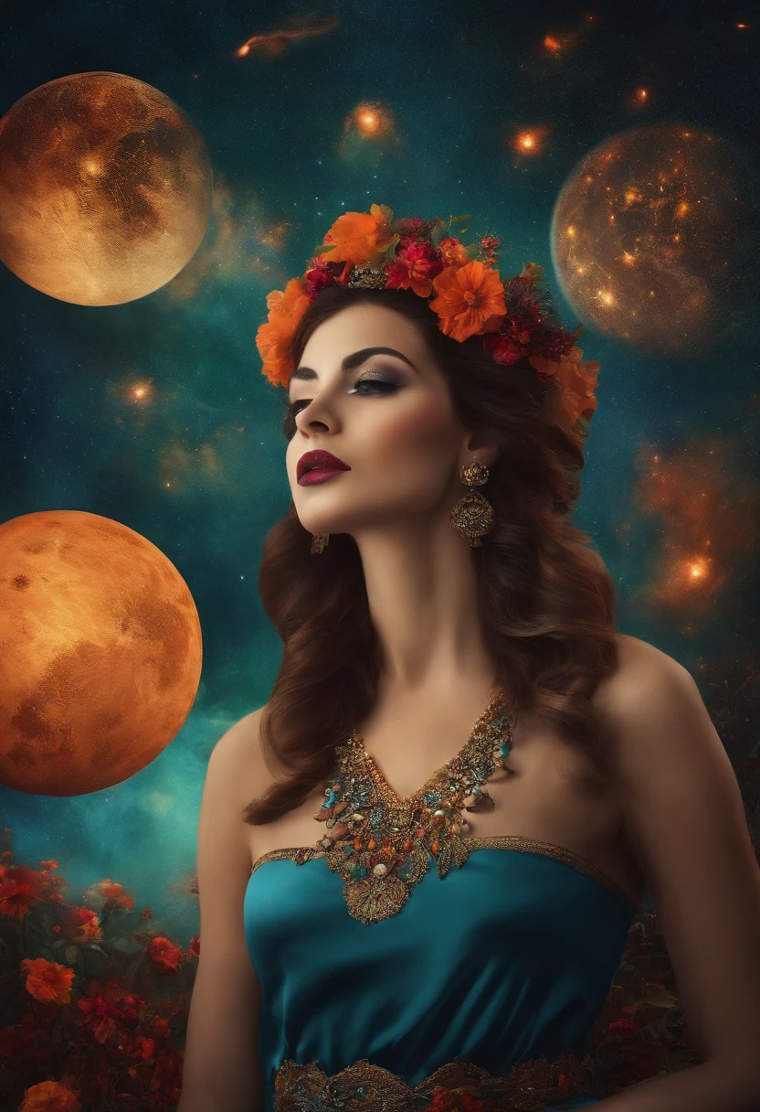 arafed woman in space with a colorful headband and a blue dress, portrait of a cosmic goddess, cyborg goddess in cosmos, cosmic goddess, goddess of space and time, a stunning portrait of a goddess, portrait of a beautiful goddess, goddess of galaxies, goddess portrait, strange portrait with galaxy, her hair is the milky way, portrait of modern darna, cosmic and colorful