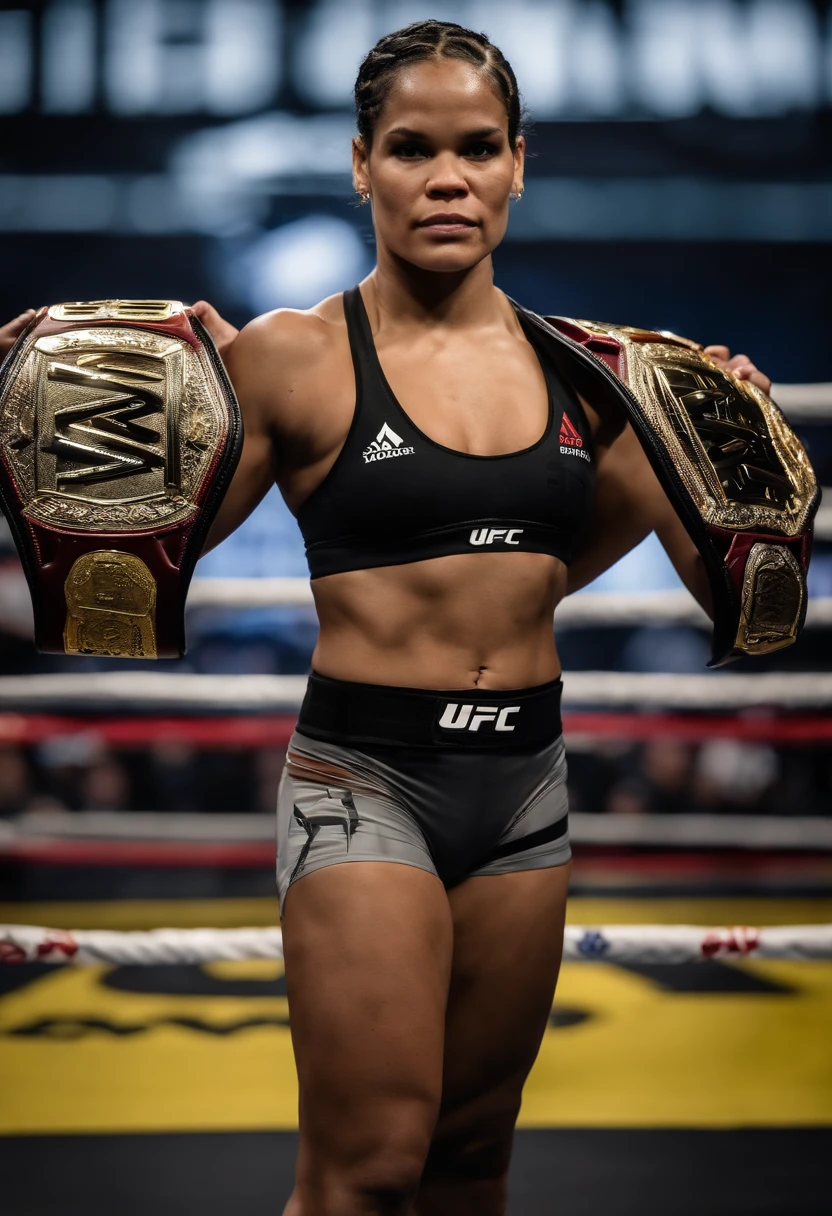 Visualize Amanda Nunes holding UFC championship belts in two weight classes simultaneously, showcasing her dominance.