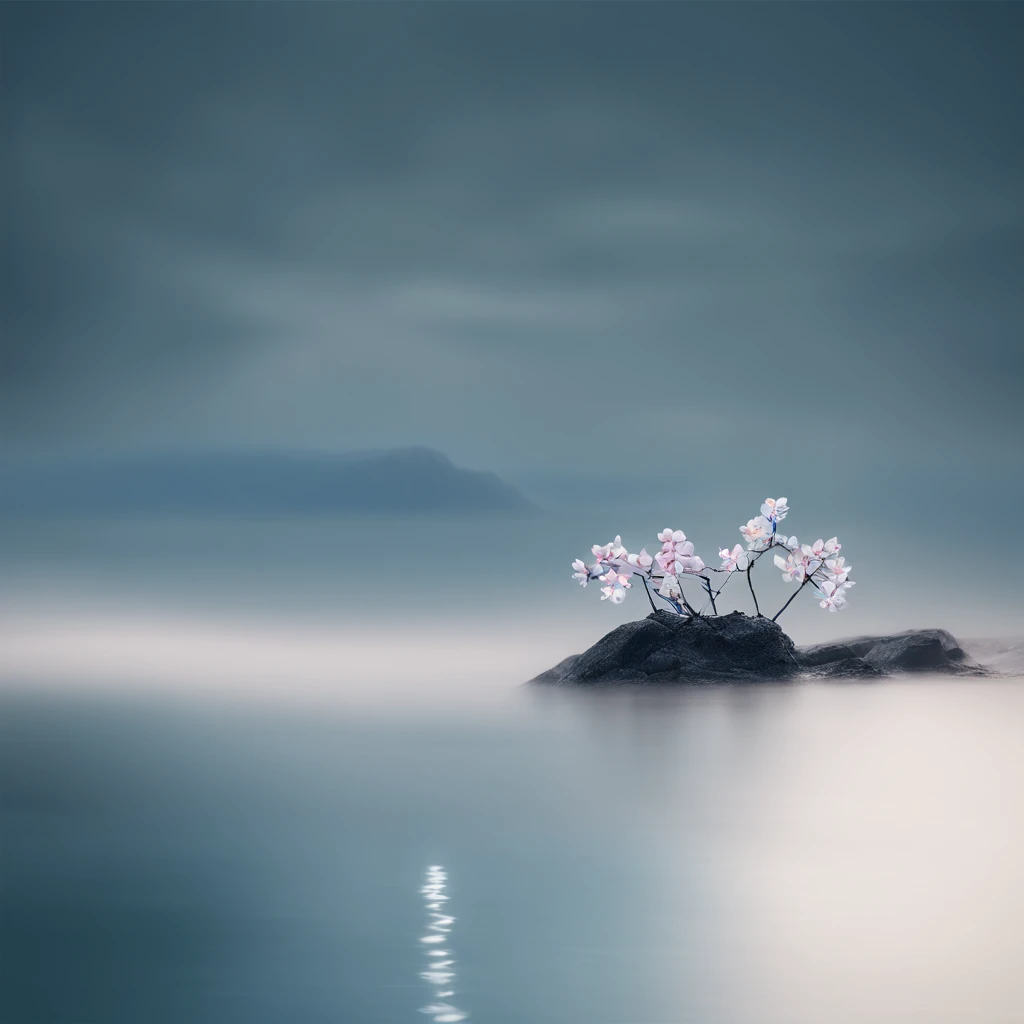 Magnificent view，Mountain top forest edge landscape photography professional high quality nature digital photography，Broad field of view，Bushes in the moonlight，Moonlight 1 White Phalaenopsis orchids on the edge of the cliff，Clear and transparent water，Huge stones stand tall，A majestic，Yamakawa，Simple and beautiful，Minimalist，Deep cyan tones，foggy sky，Nightmare vision， Dark fantasy plot，Perfect and excellent composition，8K分辨率，the detail，Rain trails，dampness，water stain，very wide angle shot，Jack Guzman's environmental art photography，realisticlying