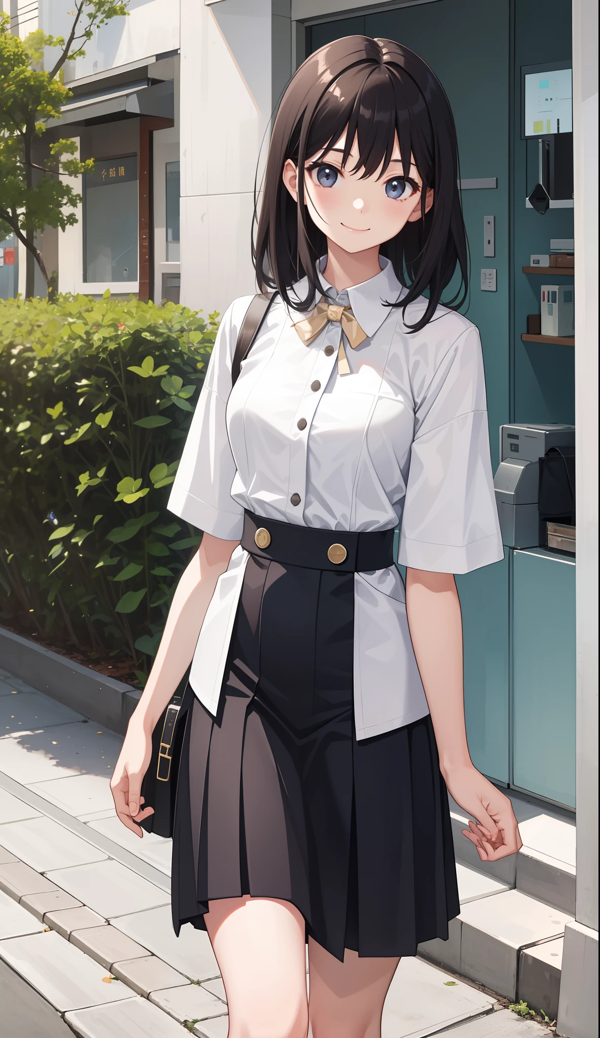 1girl in、AS-Adult、A smile、The shirt、skirt by the、（small tits）、Walking with a thigh、Upper body portrait、