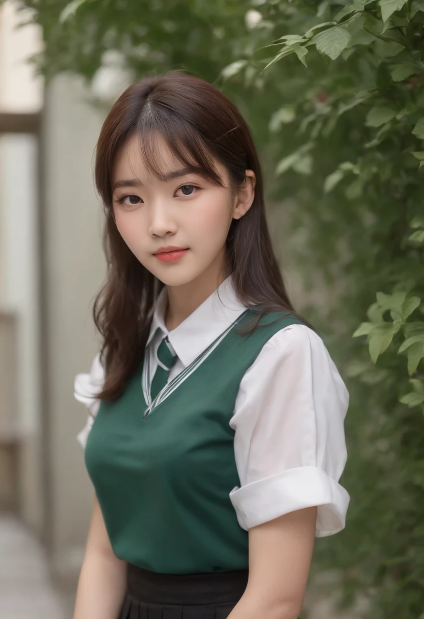 (Photorealistic),An 18-year-old Japanese high school girl,(green-shirt),((a black pleated skirt:1.3)),Bob Head,Qi bangs,(Best quality), (Masterpiece), (A high resolution), Original, Extremely detailed 8k wallpaper, (An extremely delicate),Stand in the classroom,