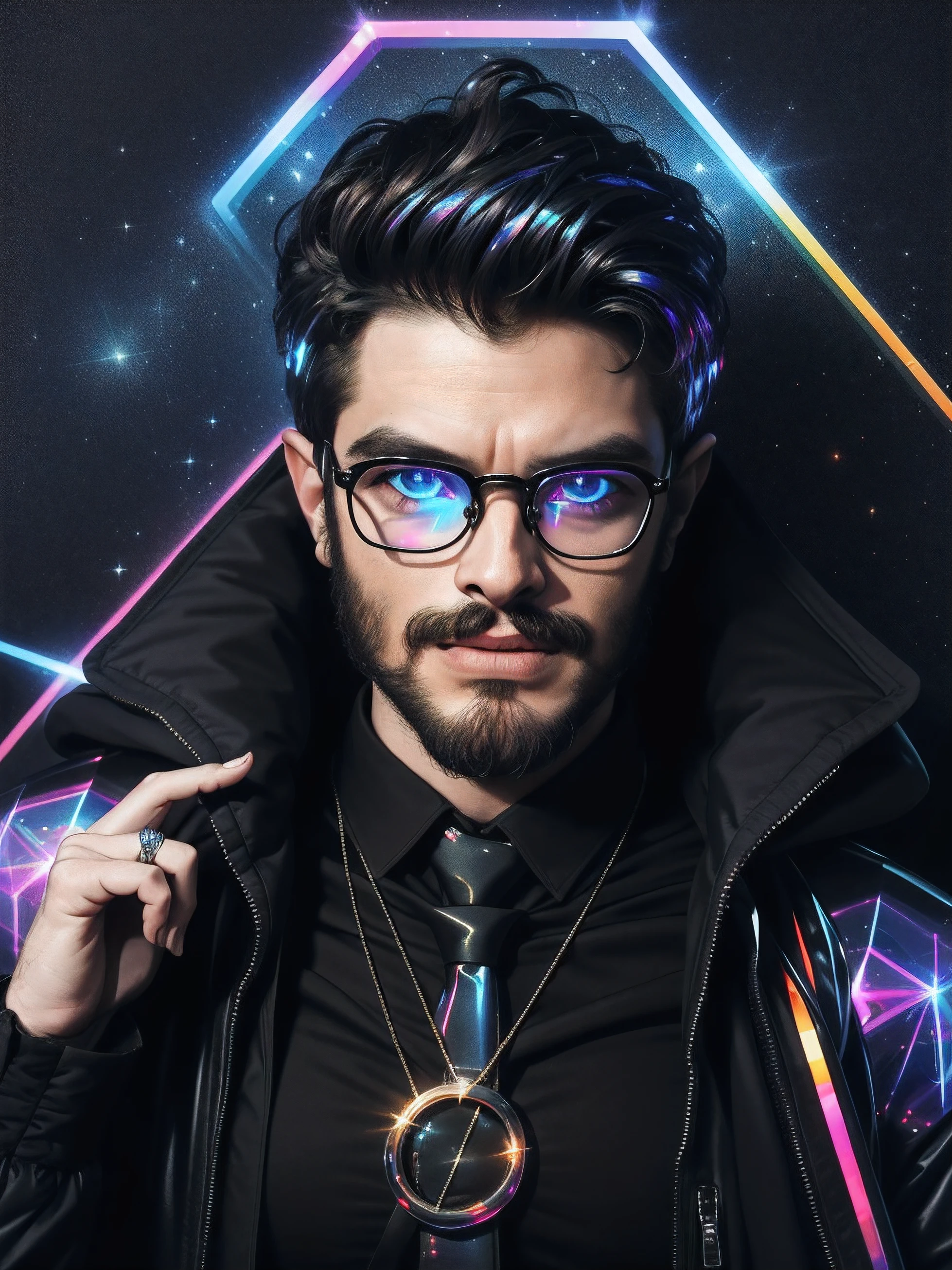 retrato de um homem, usando jaqueta preta de rock, Gothic costume, (altamente detalhado: 1.2), Olhos hiperdetalhados e (use of sophisticated high-tech glasses with holographic display:1.2), tema de fundo astro do rock.