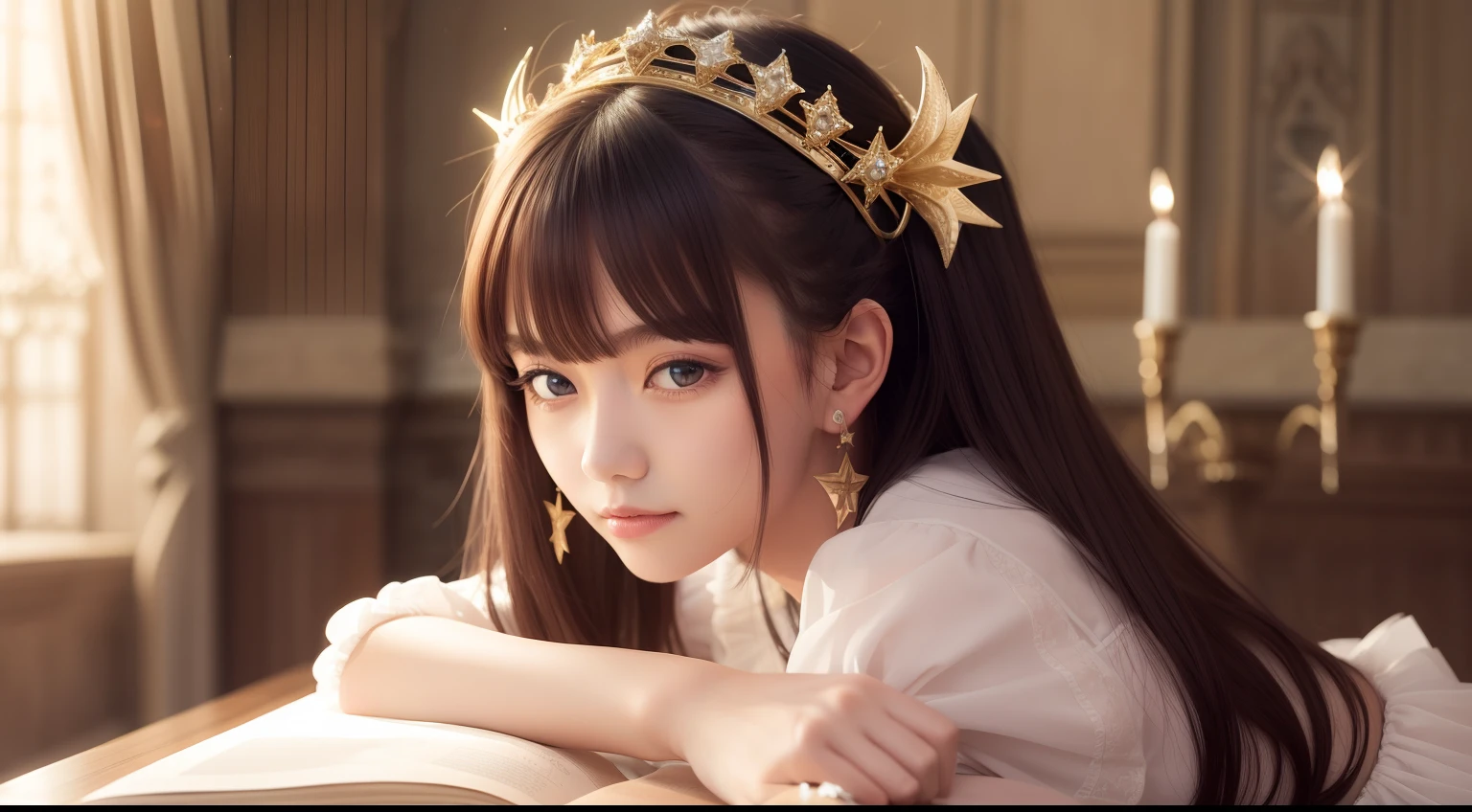 girl, Solo, Floating hair, Medium Hair, Star hair ornament, Crescent Earrings, lightsmile, Inside the castle, masutepiece, Super Detail, High quality, awardwinning, hight resolution, 8K、Charisma of light、Angel wings