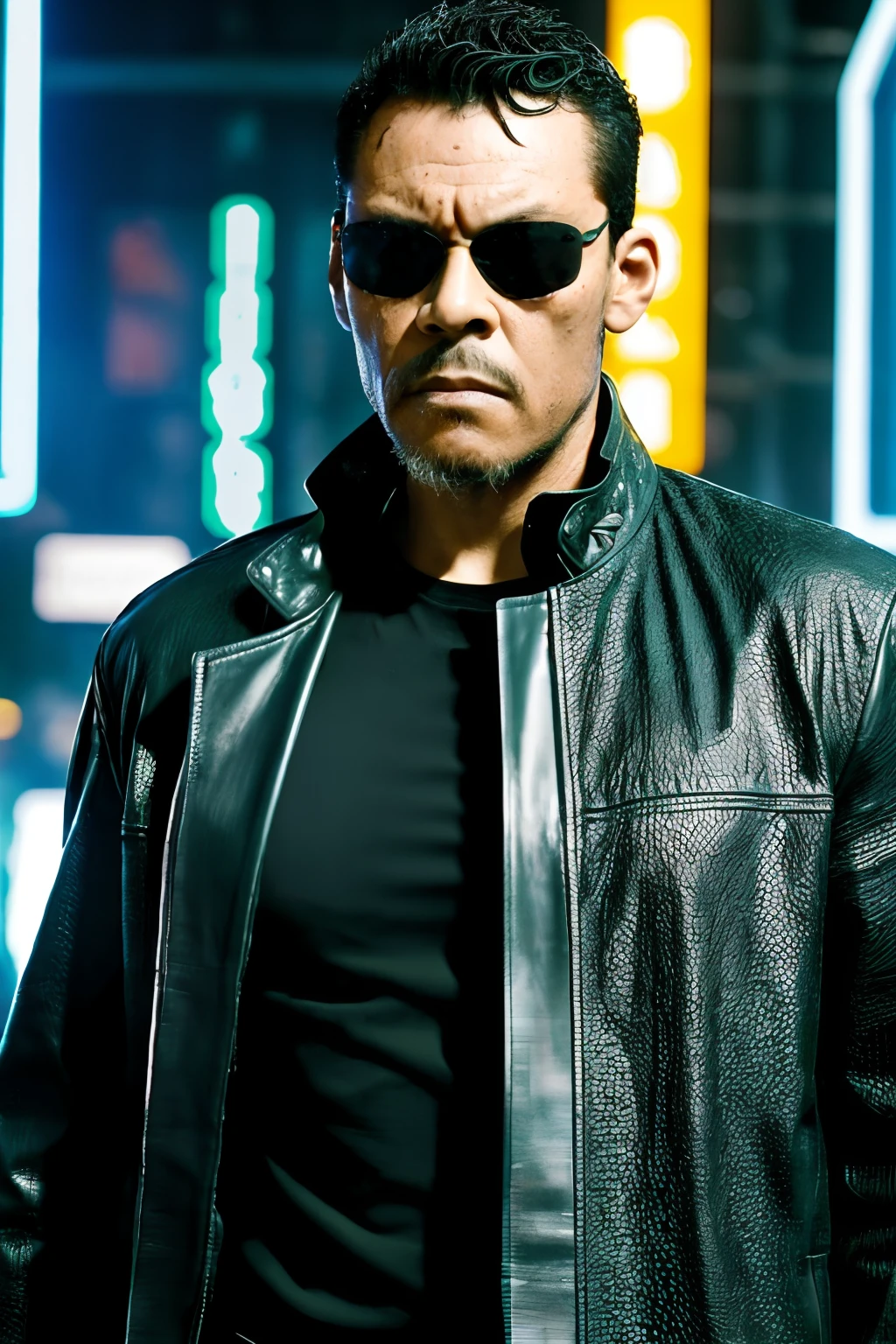 guttonerdvision10, Generate a half-body portrait of a man wearing sunglasses, dressed in a leather trench coat reminiscent of 'The Matrix' characters, against a backdrop of cascading fluorescent green letters, in the style of the film. Pay meticulous attention to (((intricate details))) such as the sunglasses, coat, and the texture of the cascading letters. Aim for ((extreme detail quality)) to capture the essence of 'The Matrix' aesthetics. Craft a ((complex composition)) that conveys the iconic cyberpunk atmosphere of the film.