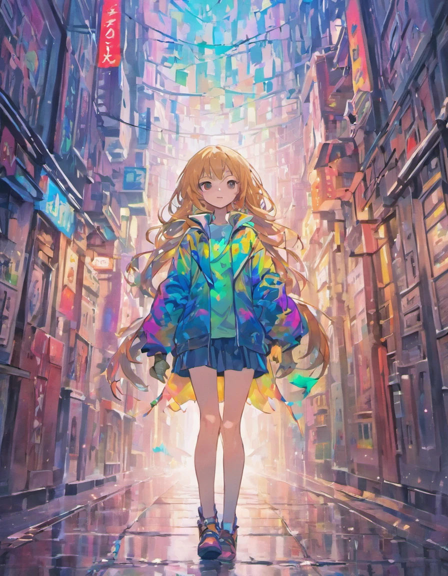 Girl in a pose, serious face, demonic smile, head slightly to the left, very long hair, low-cut mini shirt, ripped jeans, untied ankle boots, open bubble jacket, holding a handbag, background wall with colorful graffiti, grunge , wet street, full body, (ultra-realistic), {extremely detailed CG unit 8k wallpaper}, Expansive landscape photography, (a view from below that shows the grandeur of the character, expansive open field view), (low- angle shot), (light: 1.2), (warm light source: 1.2), complex details, (Iridescent colors: 1.2), (bright lighting), (atmospheric lighting), style, (solo: 1.9)