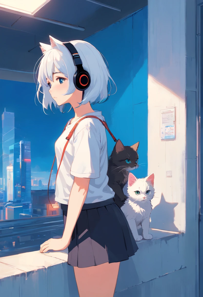 1 girl looking at a kitten white，girl with headphones，masker，The background is blue wall, Wearing Black T-shirt, white hair, photo studio, far view