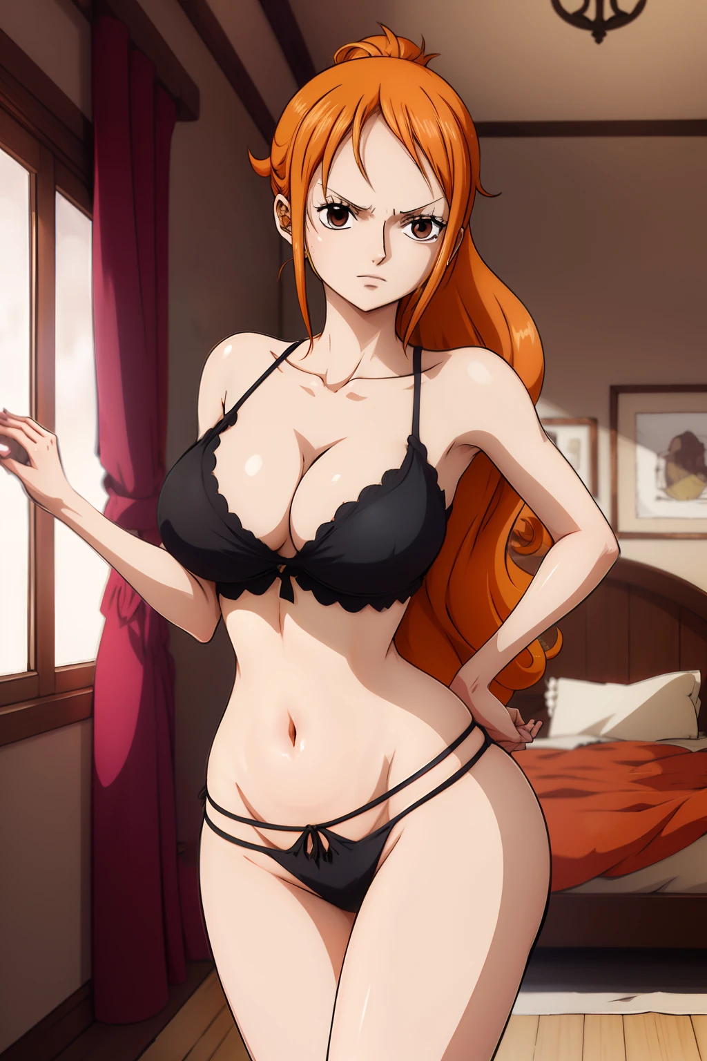 (ANIME ART STYLE), Nami from one piece, brown eyes, orange long ponytail hair, wearing Black lingerie, bed room, blushing, nipple showing through clothe, (ANIME ART STYLE), (NSFW), standing, full body view,