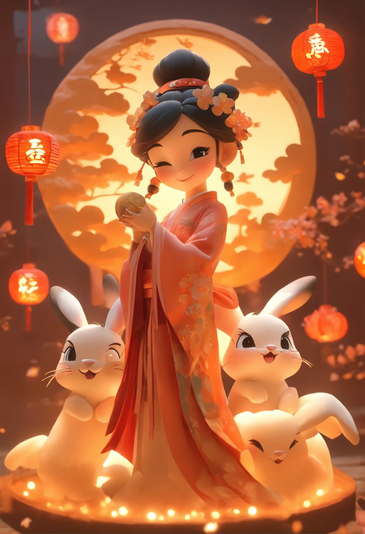 mid-autumn festival,A cute fairy dressed in ancient Chinese clothes,Playing with a rabbit next to a girl,Moon cake,Auspicious clouds,Behind the huge moon,a warm color palette,Abstract screen,ultra-realistic realism,pixar-style,3d effect,Disney style,Clear contour light,rim-light,fanciful,spotlight lights
