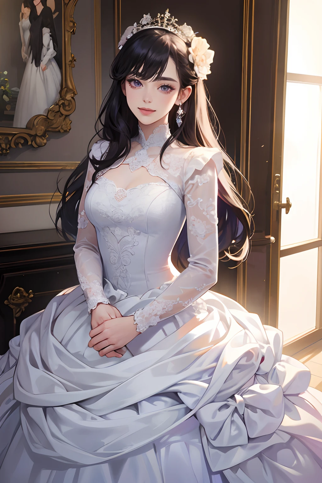 masterpiece, best quality, realistic, 1woman, mature female, beautiful, 25 years old, close his eyes, cute, smile, closed mouth, extremely detailed face, ((dark purple eyes)), ((Black front bang long hair with French twist)), [thin eyebrows], accurate, detailed, ((front bang haor)), in a wedding, ((long sleeve and elegant Wedding dress with vail)), standing and holding flowers